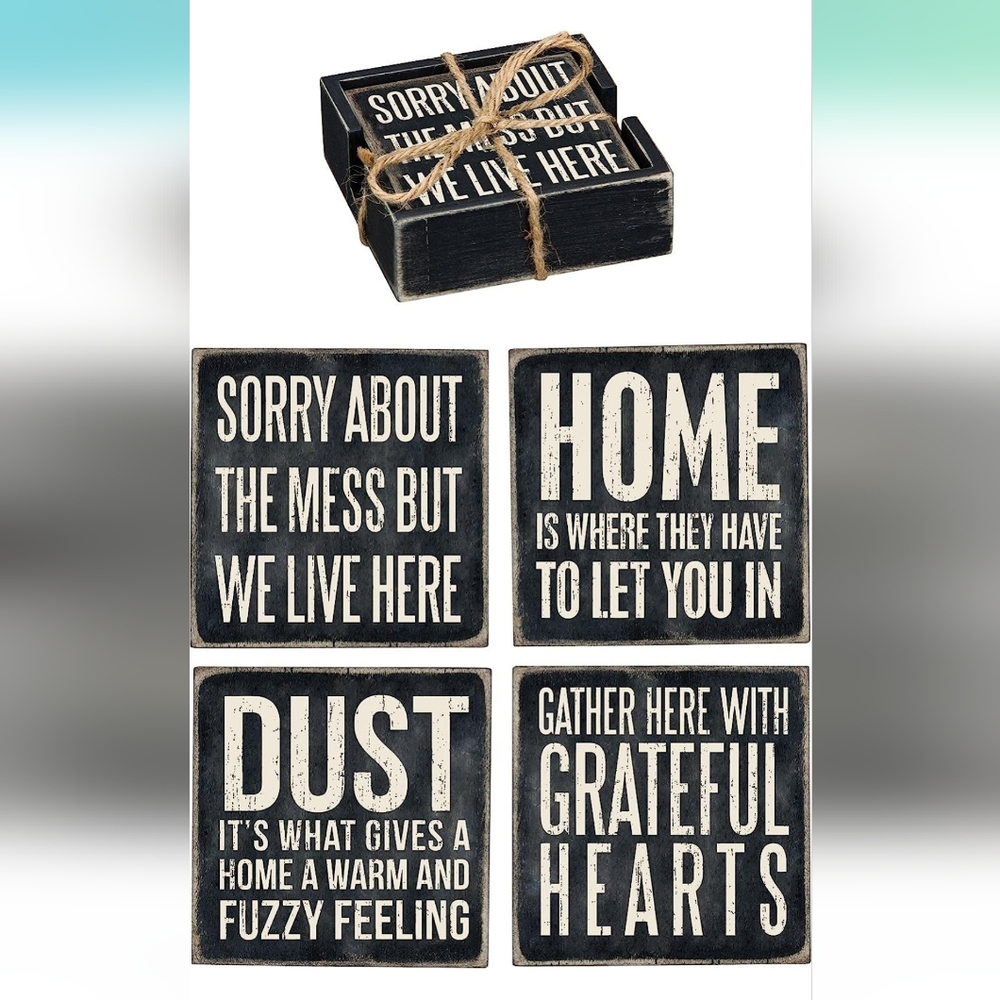 "Home" wood coaster set of 4 w/wooden holder